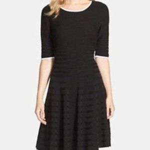 NWT Ivanka Trump Sweater Dress S Black White Trim Ribbed Short Sleeve Flare